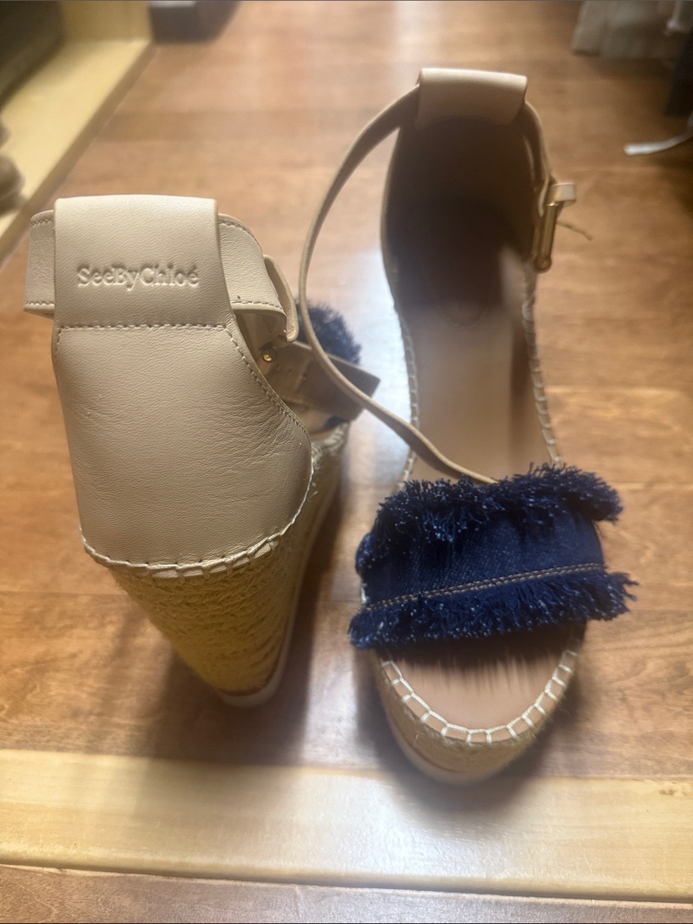 See By Chloe Cream & Navy Fringe Espadrille Wedges